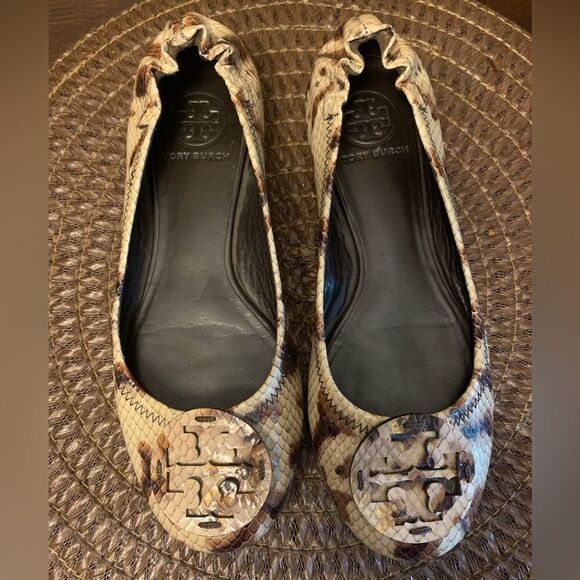 Tory Burch Minnie Travel Ballet Flat 7 M Snake Printed Leather Warm Roccia EUC - Picture 4 of 9